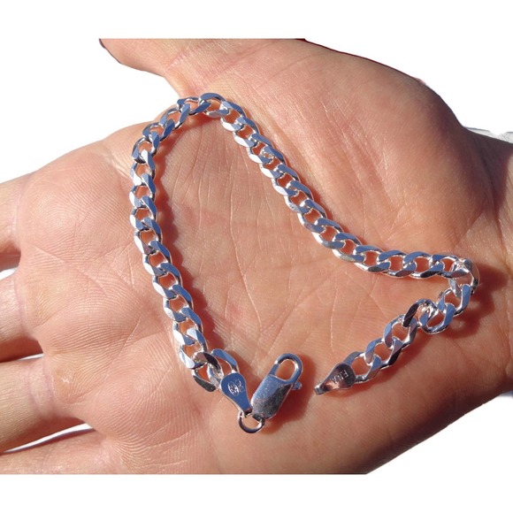 Real Silver Curb Link Bracelet, SOLID 925 ITALY Sterling Silver Cuban Bracelet - Picture 4 of 4